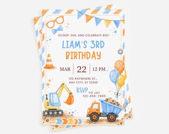 Invitación de cumpleaños infantil editable (descarga digital) con temática de excavadora, camión volquete y vehículos de construcción en azul y naranja.