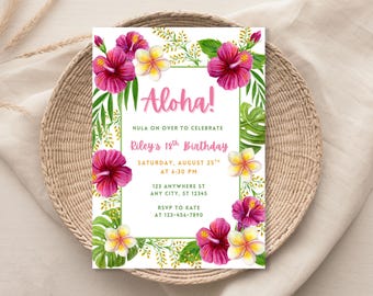 May include: A white invitation card with the word "Aloha!" in pink, surrounded by watercolor illustrations of pink hibiscus and yellow plumeria flowers. The card is for Riley's 18th birthday.