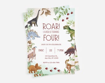 Dinosaur Roar Turning Four Theme Editable Boy's (Digital Download) Birthday Invitation