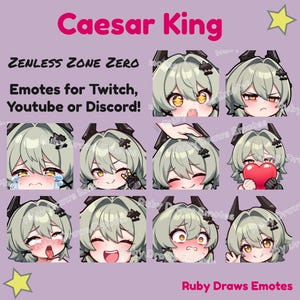 May include: A set of nine animated emotes featuring a character with green hair and black ears. The character has different expressions, including crying, winking, blushing, and surprised. The emotes are labeled "Caesar King" and "Zenless Zone Zero".