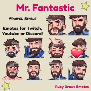 Peut inclure: Un ensemble de neuf émojis numériques représentant un personnage de dessin animé en costume bleu avec une barbe. Le personnage a différentes expressions, notamment heureux, triste, surpris et amoureux. Les émojis sont étiquetés "Mr. Fantastic" et "Marvel Rivals".