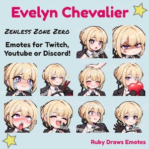 May include: Nine different animated emotes featuring a blonde woman with purple eyes. The emotes are in a grid of three rows and three columns. The woman is wearing a black and white outfit with a red heart in one emote. The text "Evelyn Chevalier" is at the top of the image. The text "Zenless Zone Zero" is below the title. The text "Emotes for Twitch, Youtube or Discord!" is below the title. The text "Ruby Draws Emotes" is at the bottom of the image.