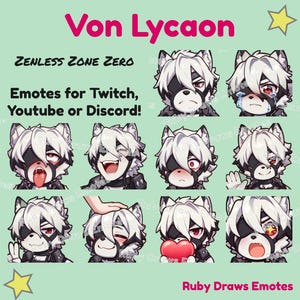 May include: A set of nine animated emotes featuring a white wolf character with different expressions. The emotes are designed for use on Twitch, Youtube, or Discord. The text "Von Lycaon" and "Zenless Zone Zero" are included in the image.