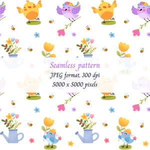 Whimsical Birds and Flowers Pattern - Seamless Illustration, Digital print, Commercial use