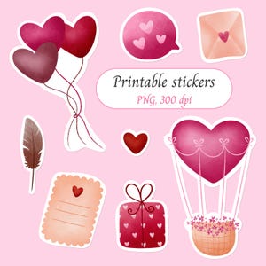 Valentine&#39;s Day Stickers PNG – Heart Balloons, Love Letter, Gift – Printable Digital Download for Crafts, Journals, and Planners