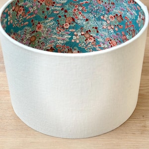 Luxury lampshade using beautiful Japanese Chirugami (Yuzen) paper; cream linen exterior, teal/turquoise interior