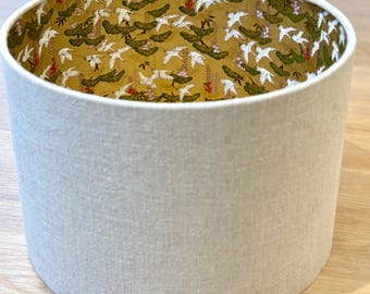 Luxury lampshade using beautiful Japanese Chirugami (Yuzen) paper; light beige linen exterior, gold/green interior