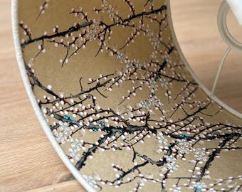 Luxury lampshade using beautiful Japanese Chirugami (Yuzen) paper; cream linen exterior, gold blossom interior