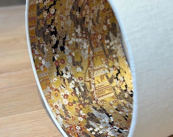 Luxury lampshade using beautiful Japanese Chirugami (Yuzen) paper; white cream linen exterior; gold interior