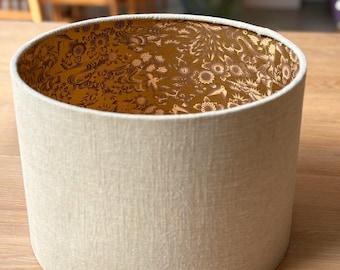 Luxury lampshade using beautiful Japanese Chirugami (Yuzen) paper; light beige/sandy linen exterior, gold patterned interior