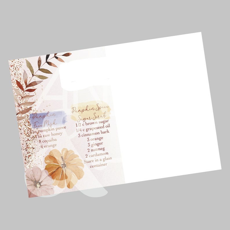 K&ouml;nnte beinhalten: Eine Aquarell-Illustration von Herbstbl&auml;ttern und Blumen mit einem Rezept f&uuml;r Pumpkin Spice Sugar Scrub. Das Rezept beinhaltet 1/2 Tasse braunen Zucker, 1/4 Tasse Traubenkern&ouml;l, 3 Zimtstangen, 3 Orangen, 3 Ingwer, 2 Muskatnuss, 2 Kardamom. In einem Glasbeh&auml;lter aufbewahren.