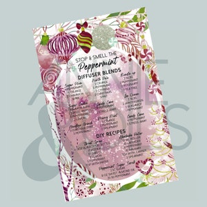 Könnte beinhalten: Eine rosa und grüne Aquarell-Illustration mit einem Pfefferminz-Thema. Das Bild enthält eine Liste von Diffusor-Mischungen mit Namen wie "Sugar Plum", "North Pole", "Candy Cane", "Ice Queen" und "Goodbye Grinch". Das Bild enthält auch DIY-Rezepte für ein Halsspray und eine Kopfmassage.