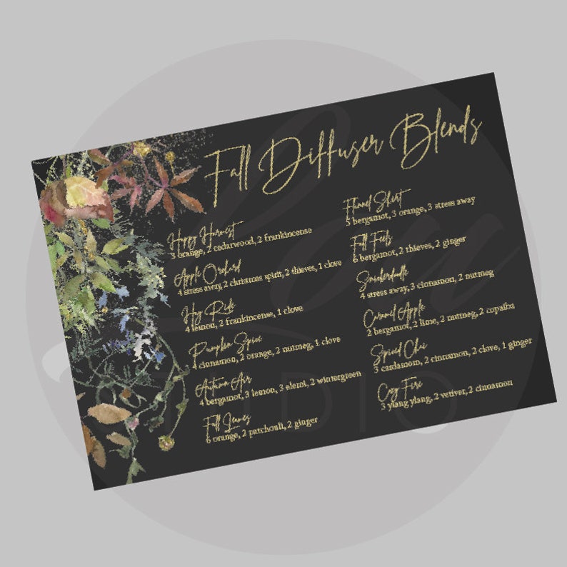 May include: A black sign with gold text and floral decorations, listing 'Fall Diffuser Blends'. The sign details the ingredients for blends like 'Happy Harvest' and 'Cozy Fire'. Measurements are not included.