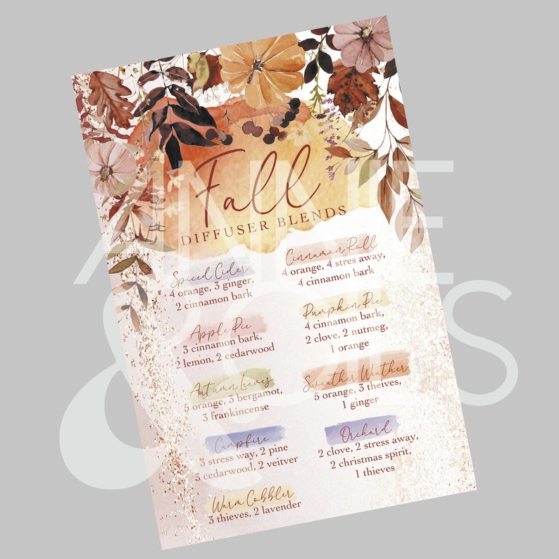 K&ouml;nnte beinhalten: Eine Aquarell-Illustration von Herbstbl&auml;ttern und Blumen mit einer Liste von Diffusor-Mischungen f&uuml;r die Saison. Die Mischungen umfassen Gew&uuml;rzter Apfelwein, Apfelkuchen, Herbstbl&auml;tter, Lagerfeuer, Warmer Apfelstrudel, Zimtschnecke, K&uuml;rbiskuchen, Pulloverwetter und Obstgarten.