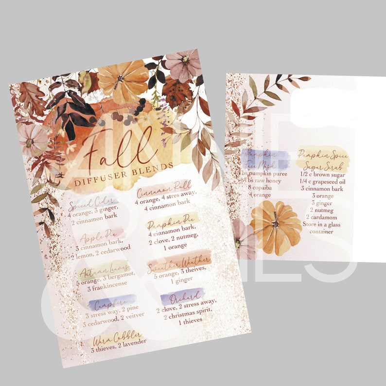 K&ouml;nnte beinhalten: Eine druckbare Karte mit einem Aquarellhintergrund mit Herbstbl&auml;ttern und K&uuml;rbissen. Die Karte listet verschiedene Diffusormischungen mit Namen wie "Special Cider", "Apple Pie", "Cinnamon Fall", "Pumpkin Pie", "Sweet Winter Weather", "Orchard" und "Whimsical Cobbler" auf. Jede Mischung listet die &auml;therischen &Ouml;le und ihre Mengen auf.
