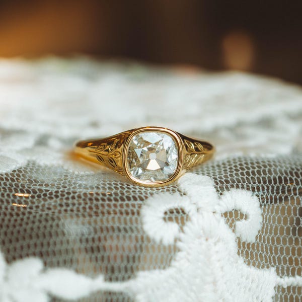 VH Studio | Flat, Natural Old Mine Diamond | 18k Yellow Gold | Hand Engraved Vine Shoulders