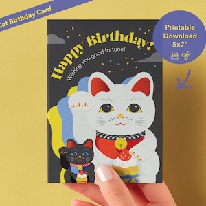 Carte d'anniversaire japonaise avec un chat porte-bonheur - DIY amusant pour les anniversaires | Message d'accueil imprimable à téléchargement immédiat | Pour les amoureux des chats |