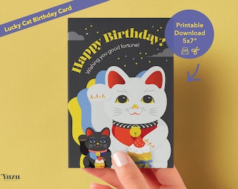 Japanese Lucky Cat Birthday Card - DIY Fun for Birthdays | Instant Download Printable Greeting | For Cat Lovers |