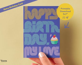 Groovy DIY Printable Birthday Card for Him - 70s Inspired Pop Art in Navy