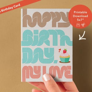 Tarjeta de cumpleaños imprimible DIY genial para él/ella - Arte pop inspirado en los años 70 en beige