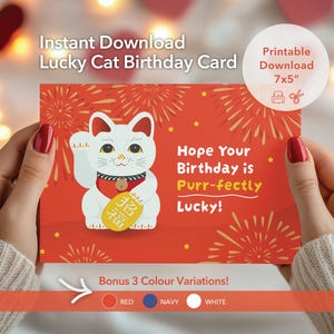 Japanese Lucky Cat Birthday Card - DIY Fun for Birthdays | Instant Download Printable Greeting | For Her/Him | Bonus 3 Color Variations!