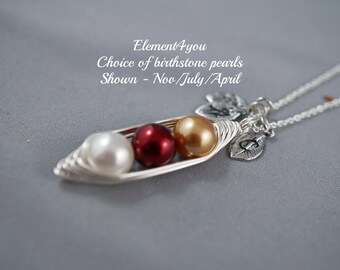 1-5 Peas in a Pod Necklace | Leaf Initial Necklace | Swarovski Pearl Pendant | Wire Wrapped Silver | Bridesmaid Gift | Bridal Party Gift