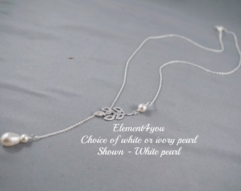 Nature Leaf Branch Necklace | Sterling Silver Lariat Necklace | Ivory or White Pearls | Bridal Jewelry | Bridesmaid Wedding Jewelry Gift