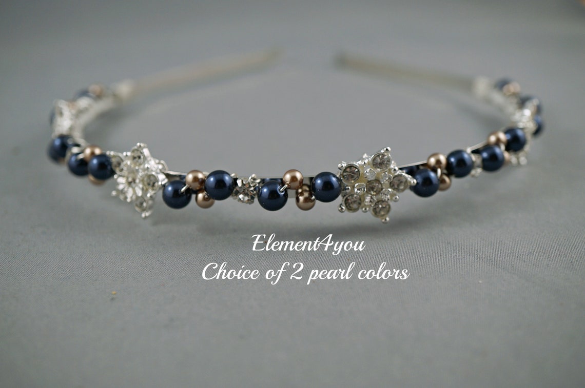 Wedding Headband Navy blue ivory pearls headband Bridal Etsy
