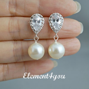 Bridal Earrings, Wedding Bridesmaid Gift, Bride Jewelry, Cubic Zirconia earrings, Post it earrings, Swarovski Pearl Short Dangle Formal Wear image 4