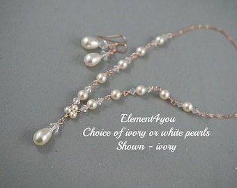 Wedding Jewelry Set | Necklace Earrings | Bridal Jewelry | 14k Rose Gold Filled | Y Necklace with Pearls & Crystals |Bridesmaid Gift for Her