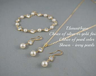 Bridal Jewelry Set | Necklace, Bracelet, Earrings | Silver or Gold | Cubic Zirconia Links | Bridesmaid Jewelry Gift | Maid of Honor Gifts