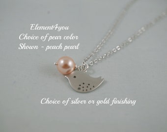 BIRD NECKLACE  Choice of silver or gold bird, Nature necklace, Simple gift, Gift for Mom Grandma Mother Sister Birthday Pearl Chain Delicate