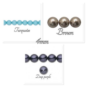 May include: Three rows of 4mm round beads in turquoise, brown, and deep purple. The beads are shown in a line, with the color name written below each row.