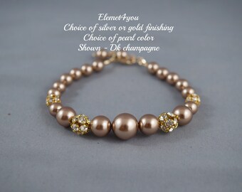 Wedding Bridal Bracelet | Bridesmaid Gift | Swarovski Pearl Bracelet | Ivory & Champagne Pearls | Rhinestone Ball | Wedding Jewelry MOH Gift