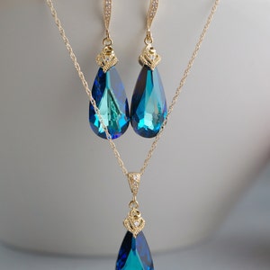 BERMUDA SET Swarovski Blue Crystal Necklace Earrings Dark Teal Something Blue Gold Silver Peacock Jewelry Teardrop Pendant Bridesmaid Gift image 2