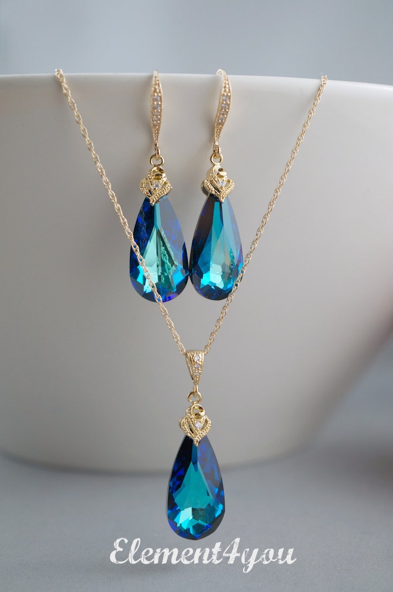 BERMUDA SET Swarovski Blue Crystal Necklace Earrings Dark Teal Something Blue Gold Silver Peacock Jewelry Teardrop Pendant Bridesmaid Gift image 2