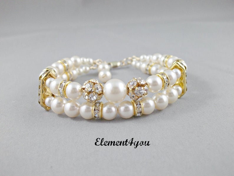 Bridal cuff bracelet pearlescent white ivory pearls two 2 stranded bride jewelry wedding maid of honor wedding day gift handmade bracelet image 4