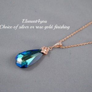 Swarovski Bermuda Blue Crystal Necklace | Dark Teal Peacock Jewelry | Teardrop Pendant | Bridesmaid Gift | 14k Rose Gold or Silver