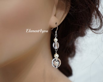 Swarovski Earrings, Clear Crystal Earrings, Long Dangle Drop, Choice of pearl color, Bridal Jewelry, Mother of Bride Gift, Spring Wedding