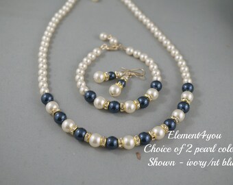 Bridal Jewelry Set | Necklace, Bracelet, Earrings | Crystal Pearl |Ivory, Navy Blue, Gold, Champagne Bridal Party Wedding Gift Free Shipping
