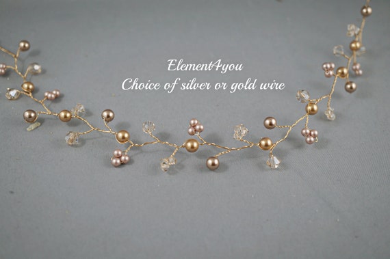 Bridal Hair Vines Gold Champagne Bridal Hair Accessory Wedding Hair Piece Bronze Pearls Crystals Hair Vines Buds Handmade Hairband Head - 