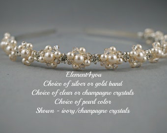 Headband - Bridal Hairband Pearls champagne crystals tiara rhinestones Beaded hair band, Bridal accessories, Wedding headpiece, Cream white