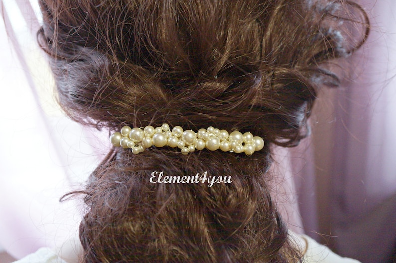 PEARL BRIDAL Wedding Barrette, Beaded Pearl Barrette, Pearl Hair Accessory, Wedding Hair Clip, French Barrette, Cream Ivory purple pink image 5