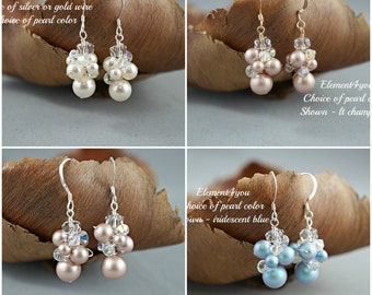 BRIDAL grape cluster earrings, Wire wrapped jewelry, Unique earrings, Swarovski pearls crystals earrings, Choice of silver or gold, Drop