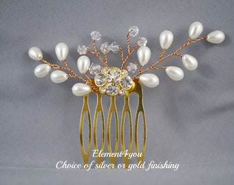 SMALL RHINESTONE comb, Bridal hair comb, Rice shaped ivory pearl, Hand made wedding accessories, Bridesmaid gifts, Gold hair fascinator