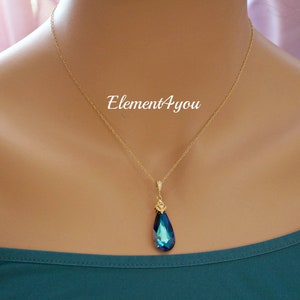 BERMUDA SET Swarovski Blue Crystal Necklace Earrings Dark Teal Something Blue Gold Silver Peacock Jewelry Teardrop Pendant Bridesmaid Gift image 4