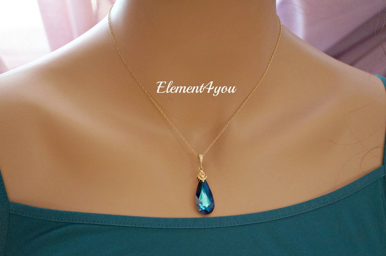 BERMUDA SET Swarovski Blue Crystal Necklace Earrings Dark Teal Something Blue Gold Silver Peacock Jewelry Teardrop Pendant Bridesmaid Gift image 4