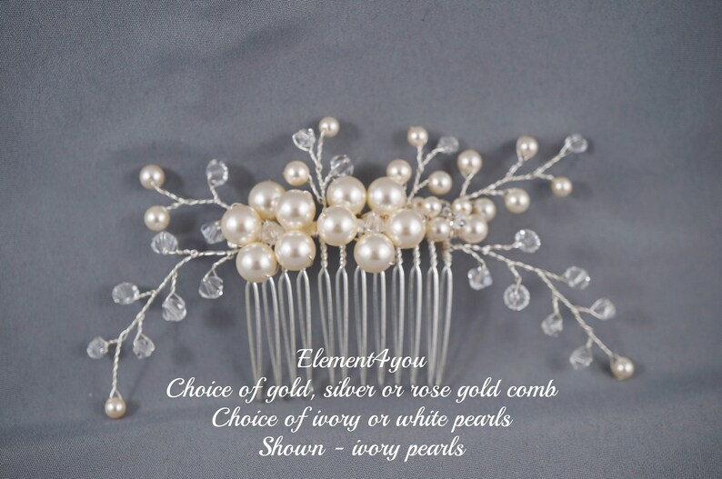 Bridal comb, Ivory pearls hair piece, Wedding hair accessories, White pearls comb, Flower hair vines, Silver or gold wire comb, Gift Bride image 2
