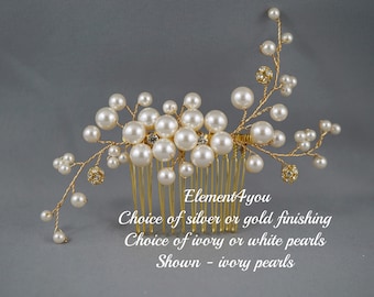 BRIDAL HAIR COMB Wedding Hair Accessories, Ivory pearls crystals, Rhinestones balls, Handmade Ivory Elegant Headpiece White flower comb