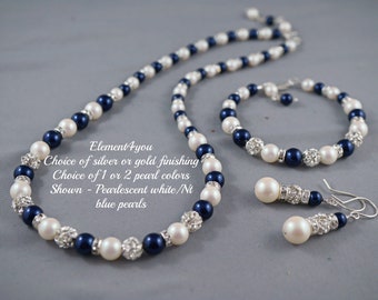 Navy Blue Pearl Bridal Jewelry Set | Swarovski Crystal, Handmade